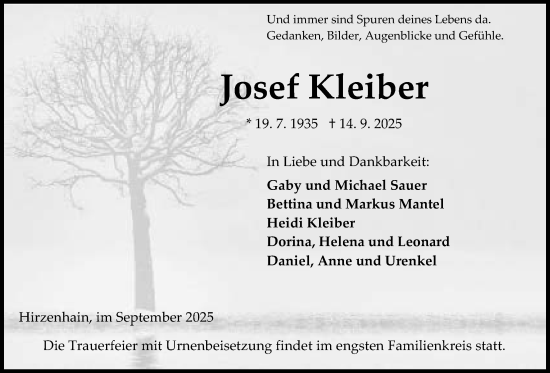 Traueranzeige von Josef Kleiber von Kreis-Anzeiger