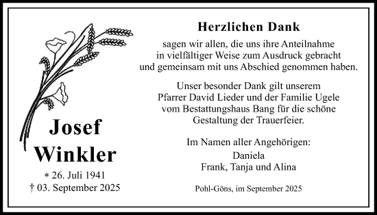 Traueranzeige von Josef Winkler von Butzbacher Zeitung
