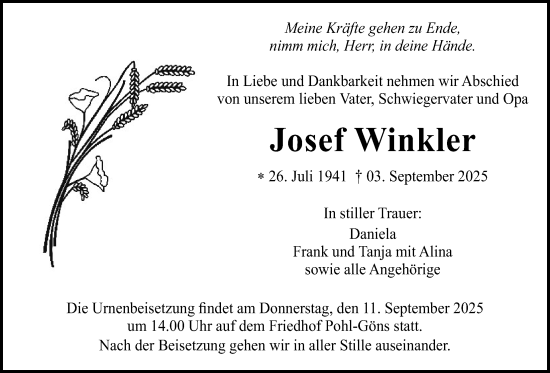 Traueranzeige von Josef Winkler von Butzbacher Zeitung