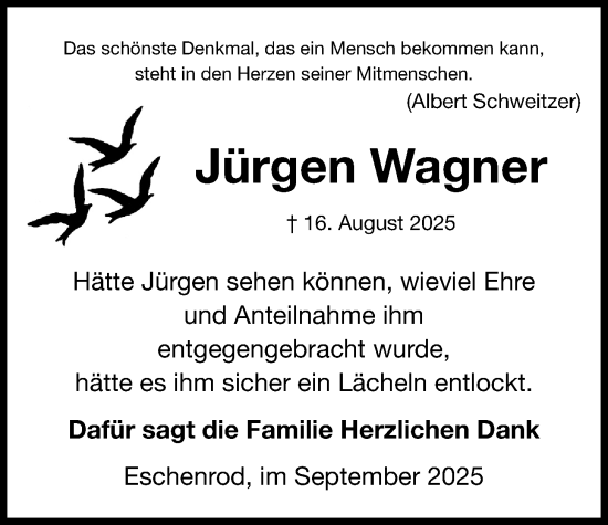 Traueranzeige von Jürgen Wagner von Kreis-Anzeiger