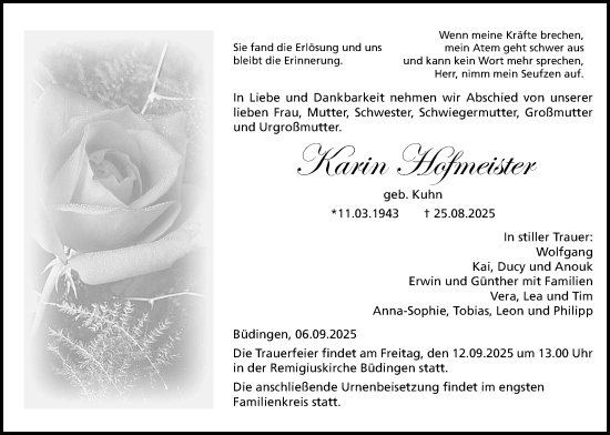 Traueranzeige von Karin Hofmeister von Kreis-Anzeiger