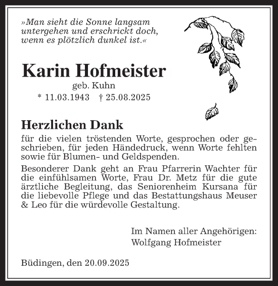 Traueranzeige von Karin Hofmeister von Kreis-Anzeiger