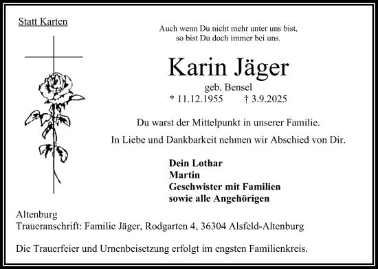 Traueranzeige von Karin Jäger von Oberhessische Zeitung