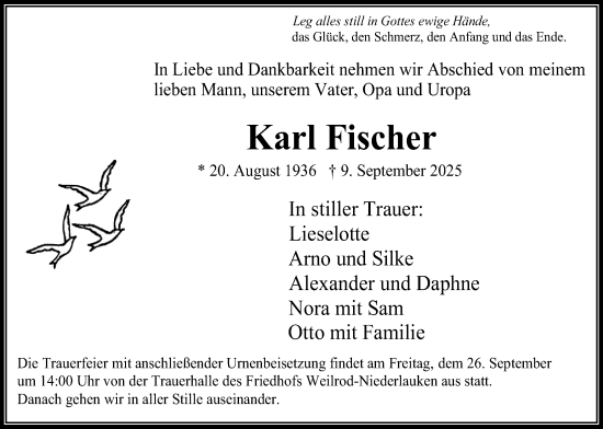 Traueranzeige von Karl Fischer von Usinger Anzeigenblatt