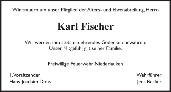 Traueranzeige von Karl Fischer von Usinger Anzeiger, Usinger Anzeigenblatt