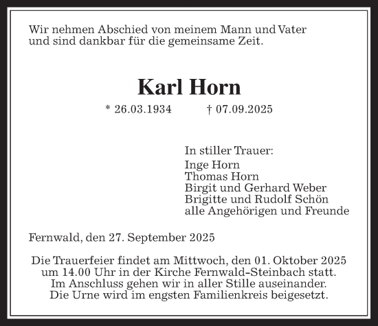 Traueranzeige von Karl Horn von Giessener Allgemeine, Alsfelder Allgemeine