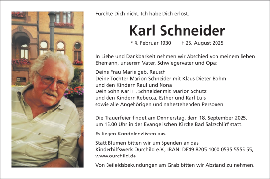 Traueranzeige von Karl Schneider von Lauterbacher Anzeiger