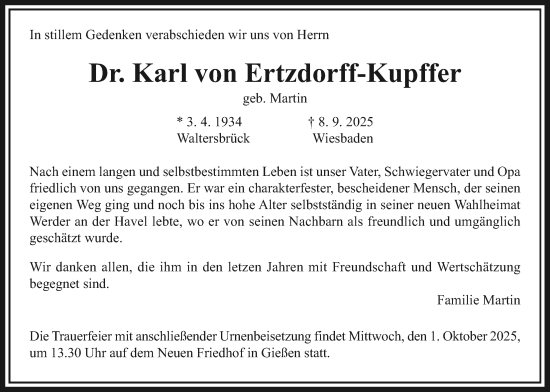 Traueranzeige von Karl von Ertzdorff-Kupffer von Giessener Allgemeine, Alsfelder Allgemeine, Giessener Anzeiger