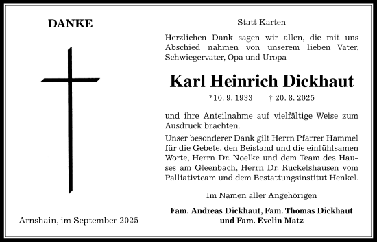 Traueranzeige von Karl Heinrich Dickhaut von Oberhessische Zeitung