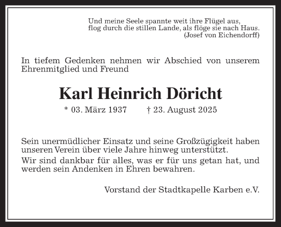 Traueranzeige von Karl Heinrich Döricht von Bad Vilbel/Karben