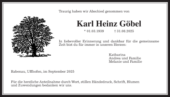 Traueranzeige von Karl Heinz Göbel von Giessener Allgemeine, Alsfelder Allgemeine
