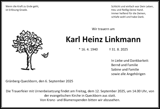 Traueranzeige von Karl Heinz Linkmann von Giessener Allgemeine, Alsfelder Allgemeine