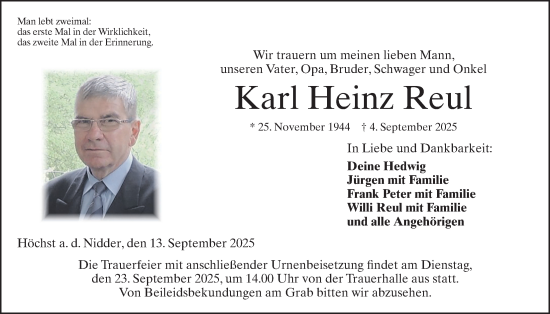 Traueranzeige von Karl Heinz Reul von Kreis-Anzeiger