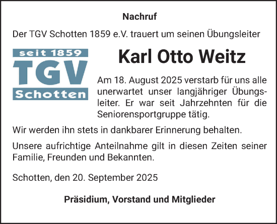 Traueranzeige von Karl Otto Weitz von Kreis-Anzeiger