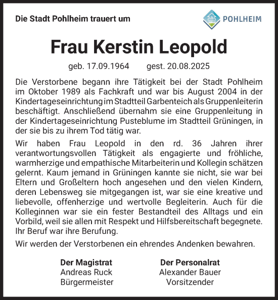 Traueranzeige von Kerstin Leopold von Pohlheimer Nachrichten