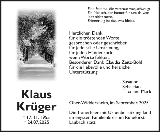 Traueranzeige von Klaus Krüger von Kreis-Anzeiger