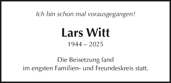 Traueranzeige von Lars Witt von Giessener Allgemeine, Alsfelder Allgemeine, Giessener Anzeiger