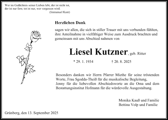 Traueranzeige von Liesel Kutzner von Giessener Allgemeine, Alsfelder Allgemeine