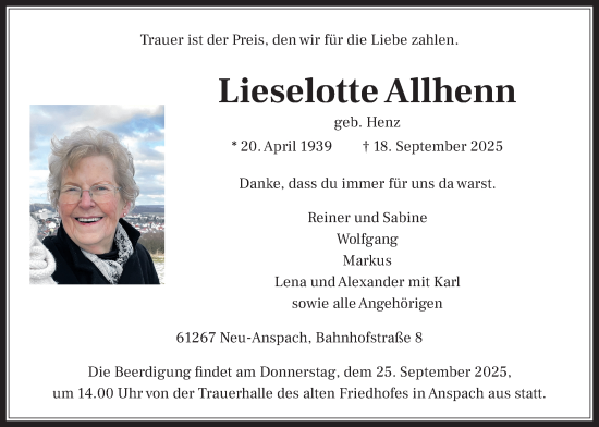 Traueranzeige von Lieselotte Allhenn von Usinger Anzeiger
