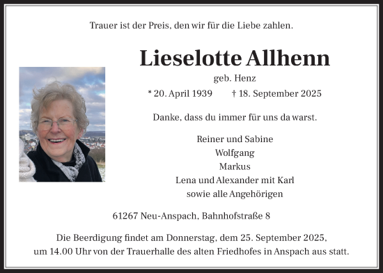 Traueranzeige von Lieselotte Allhenn von Usinger Anzeiger