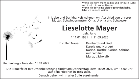 Traueranzeige von Lieselotte Mayer von Giessener Anzeiger, Giessener Allgemeine, Alsfelder Allgemeine