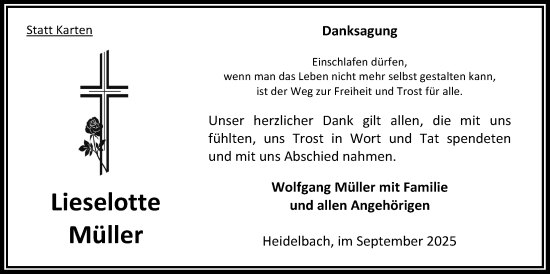 Traueranzeige von Lieselotte Müller von Oberhessische Zeitung