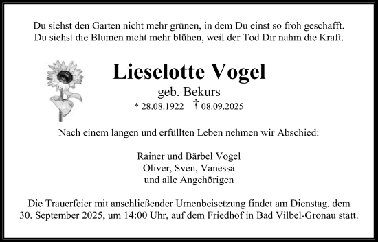 Traueranzeige von Lieselotte Vogel von Bad Vilbel/Karben