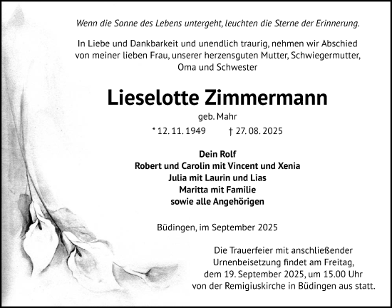 Traueranzeige von Lieselotte Zimmermann von Kreis-Anzeiger