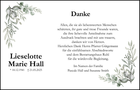 Traueranzeige von Lieselotte Marie Hall von Lauterbacher Anzeiger