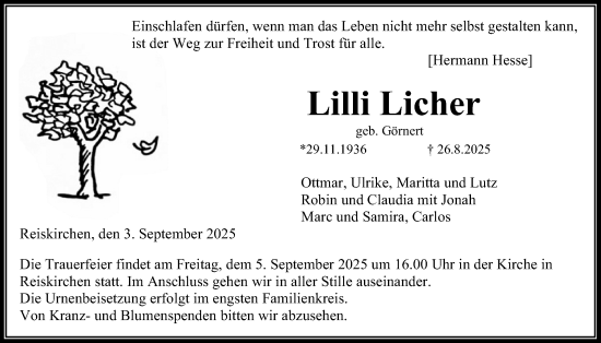 Traueranzeige von Lilli Licher von Giessener Anzeiger, Giessener Allgemeine, Alsfelder Allgemeine