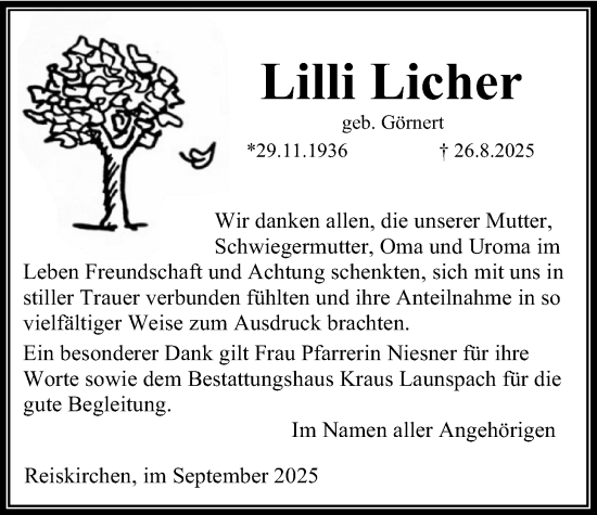 Traueranzeige von Lilli Licher von Giessener Anzeiger, Giessener Allgemeine, Alsfelder Allgemeine