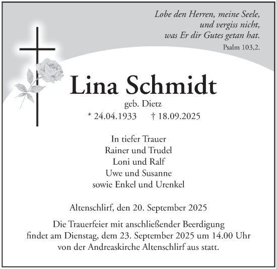 Traueranzeige von Lina Schmidt von Lauterbacher Anzeiger