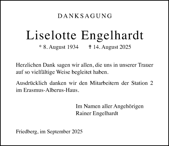 Traueranzeige von Liselotte Engelhardt von Wetterauer Zeitung
