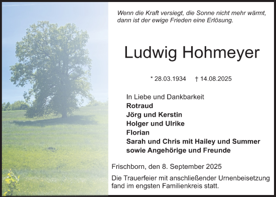 Traueranzeige von Ludwig Hohmeyer von Lauterbacher Anzeiger