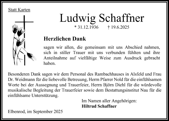 Traueranzeige von Ludwig Schaffner von Oberhessische Zeitung