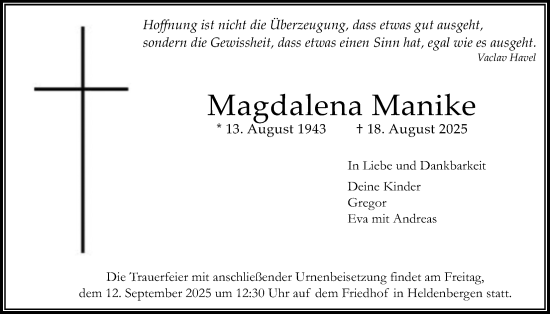 Traueranzeige von Magdalena Manike von Wetterauer Zeitung