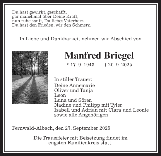 Traueranzeige von Manfred Briegel von Giessener Allgemeine, Alsfelder Allgemeine