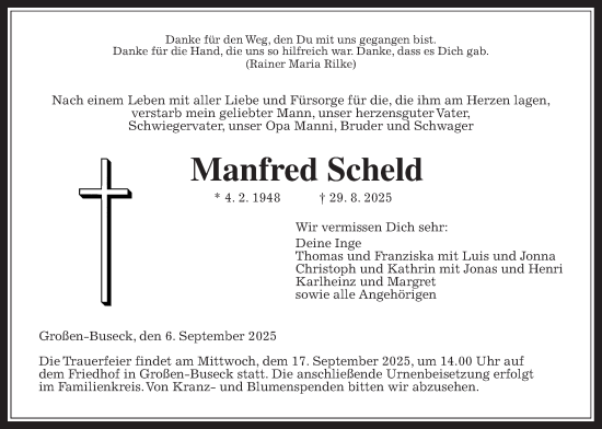 Traueranzeige von Manfred Scheld von Giessener Anzeiger, Giessener Allgemeine, Alsfelder Allgemeine