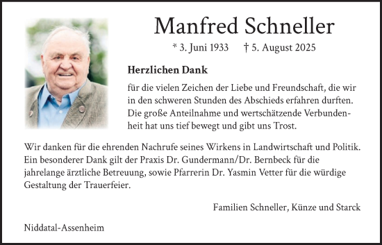 Traueranzeige von Manfred Schneller von Wetterauer Zeitung