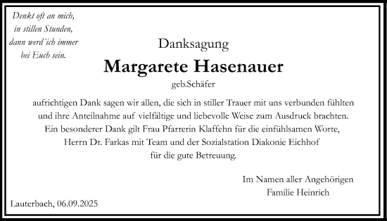 Traueranzeige von Margarete Hasenauer von Lauterbacher Anzeiger