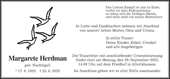 Traueranzeige von Margarete Herdman von Rabenauer Zeitung