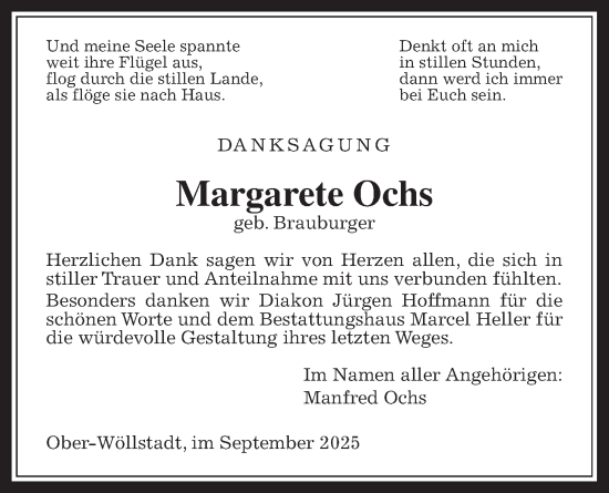 Traueranzeige von Margarete Ochs von Wetterauer Zeitung
