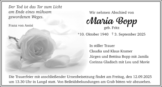Traueranzeige von Maria Bopp von Licher Wochenblatt