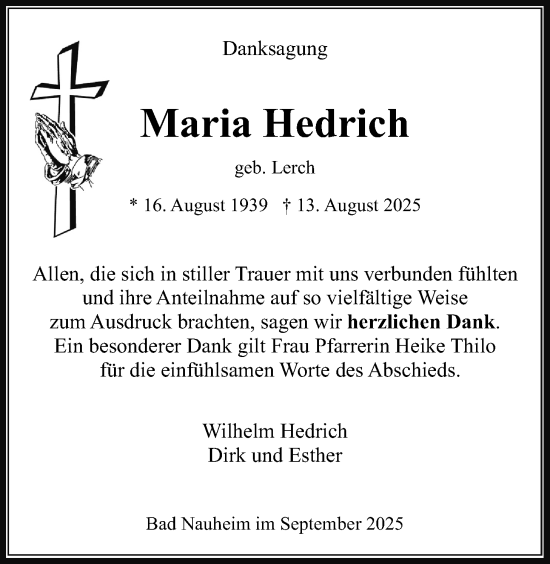 Traueranzeige von Maria Hedrich von Wetterauer Zeitung