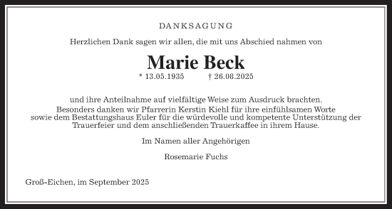 Traueranzeige von Marie Beck von Mücker Stimme