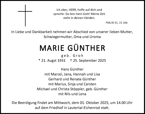 Traueranzeige von Marie Günther von Lauterbacher Anzeiger