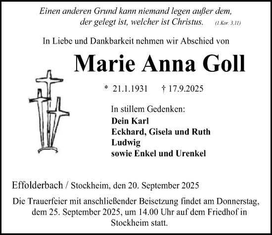 Traueranzeige von Marie Anna Goll von Kreis-Anzeiger