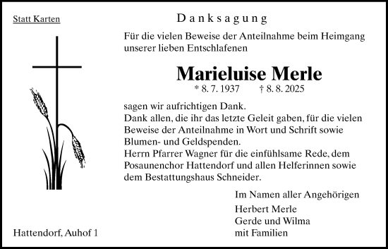 Traueranzeige von Marieluise Merle von Oberhessische Zeitung