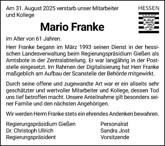 Traueranzeige von Mario Franke von Giessener Anzeiger, Giessener Allgemeine, Alsfelder Allgemeine