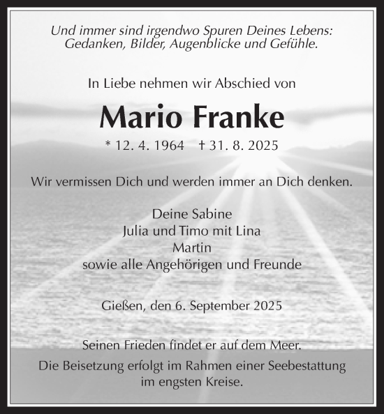 Traueranzeige von Mario Franke von Giessener Anzeiger, Giessener Allgemeine, Alsfelder Allgemeine
